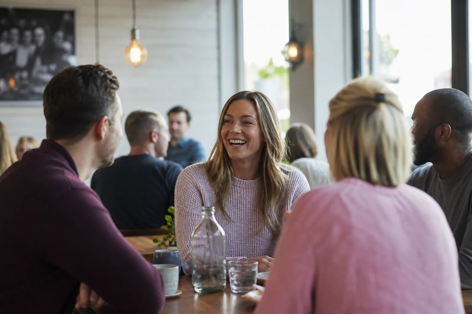 Adults chatting at a relaxed evening social event in Plymouth