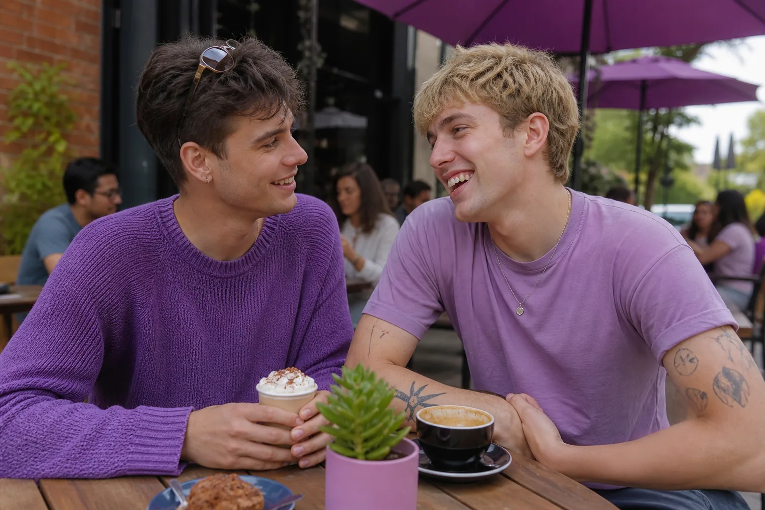 Two adult men talking beside Plymouth's waterfront