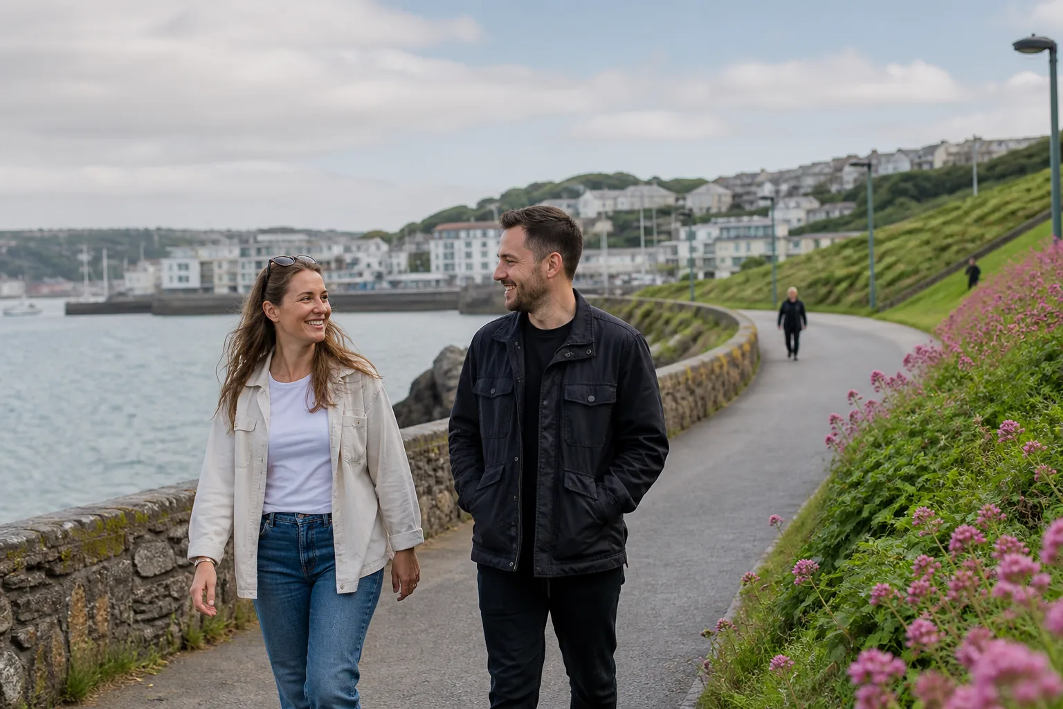 Two people talking beside Plymouth Sound with Smeaton's Tower in the background