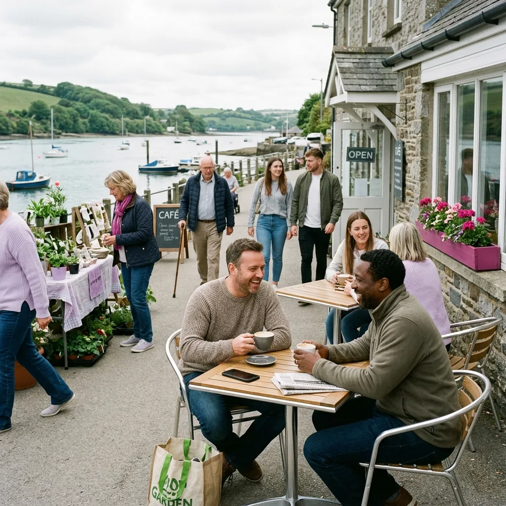 Two men talking at a cafe table with coffee cups between them, Plymstock suburb visible through the window
