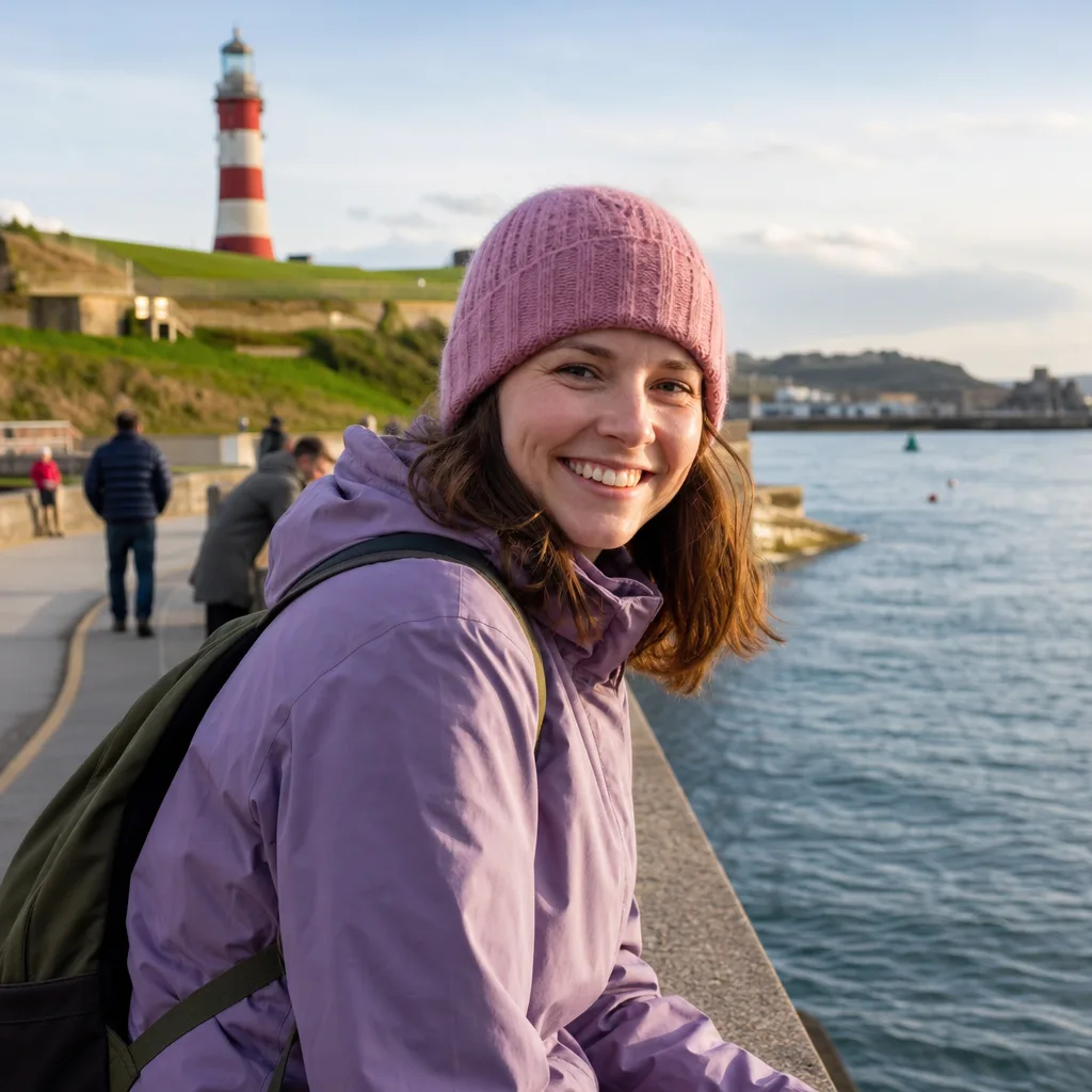Friends taking a relaxed outdoor photo near Plymouth waterfront