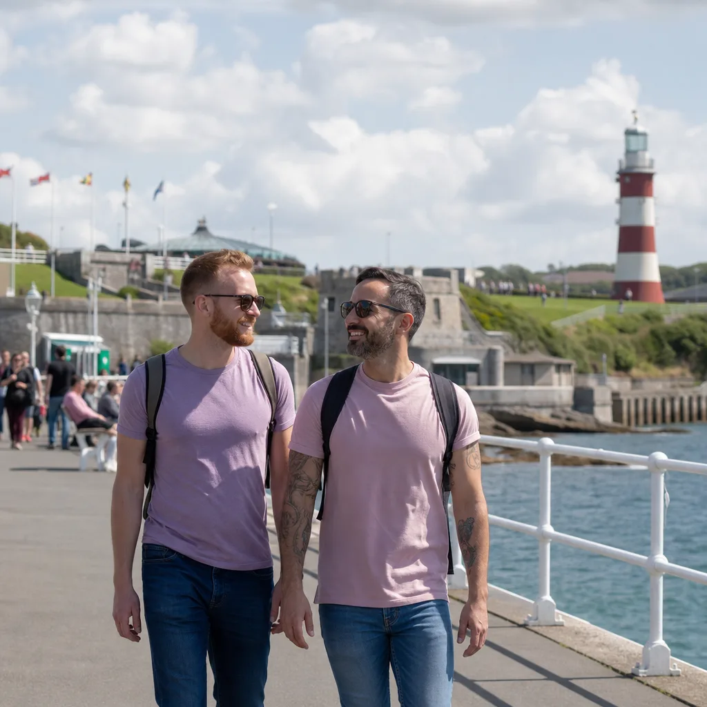 Friends meeting outside an LGBT+ venue in central Plymouth