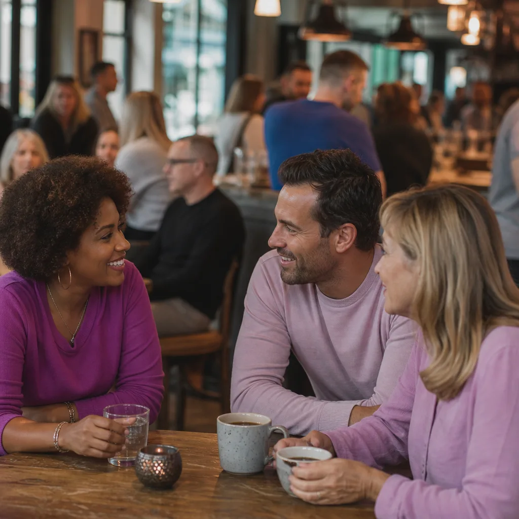 Two adults talking over drinks at a relaxed venue near Plymouth waterfront