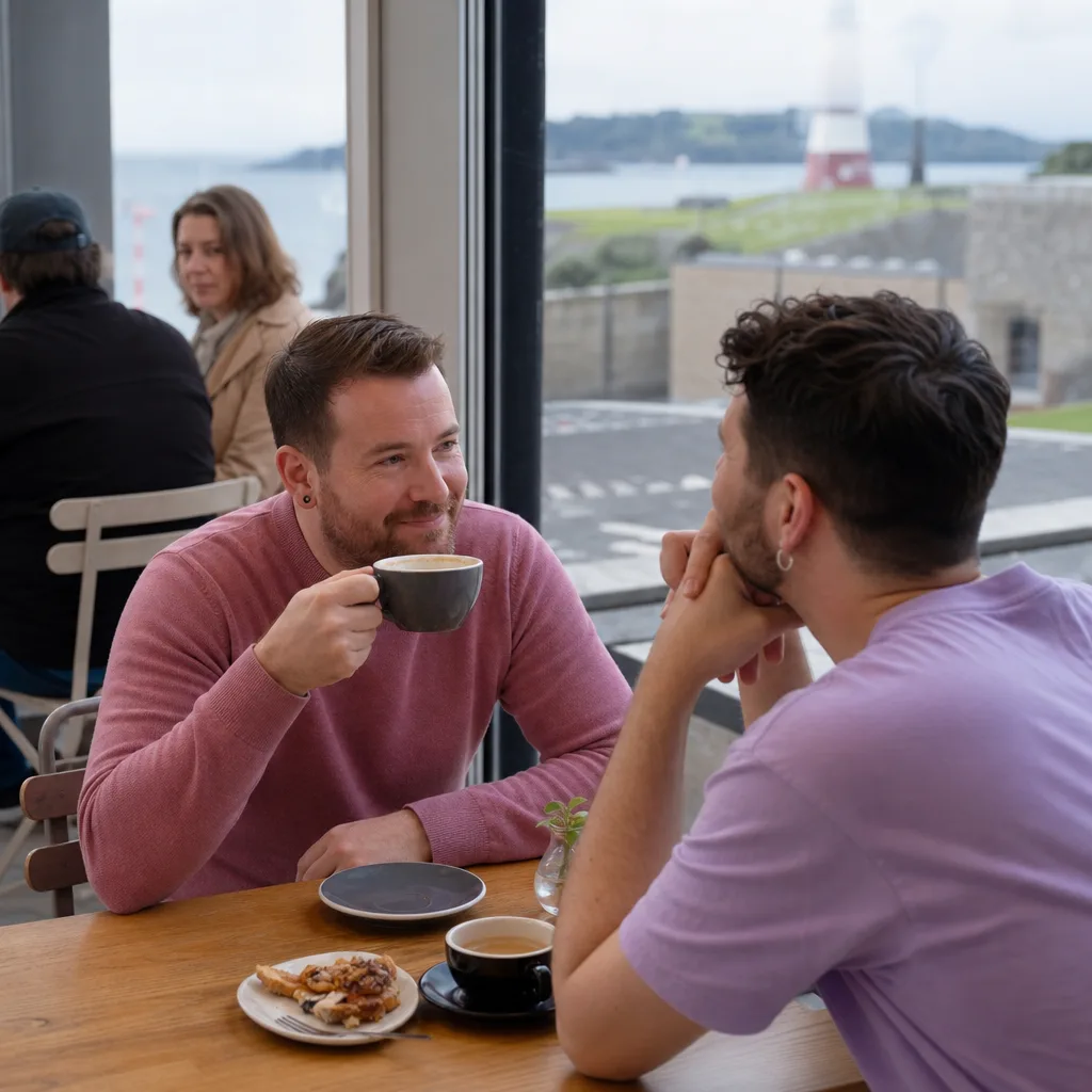 Two men having coffee at Royal William Yard in Plymouth