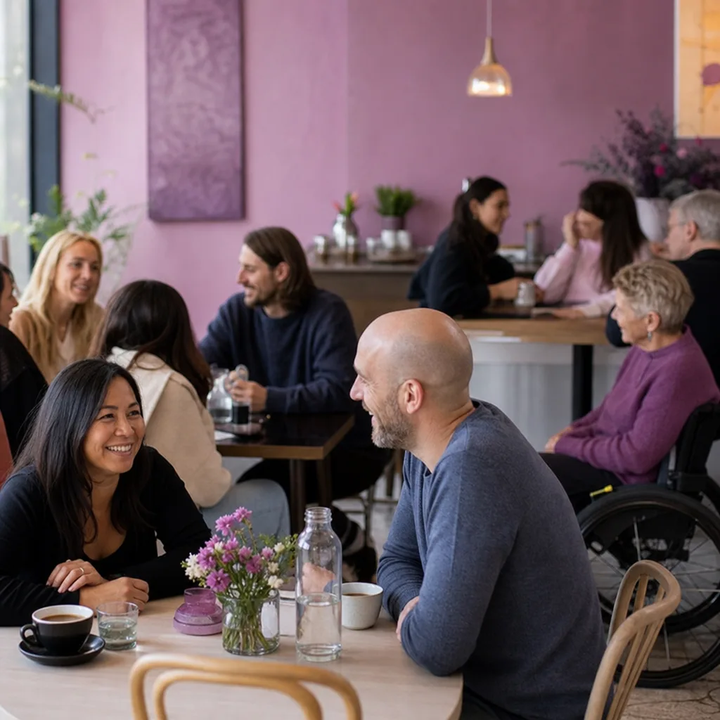 Two people talking over drinks at a hosted Plymouth dating event