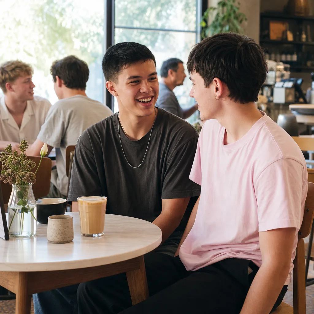 Two adult men meeting in a busy Plymouth café