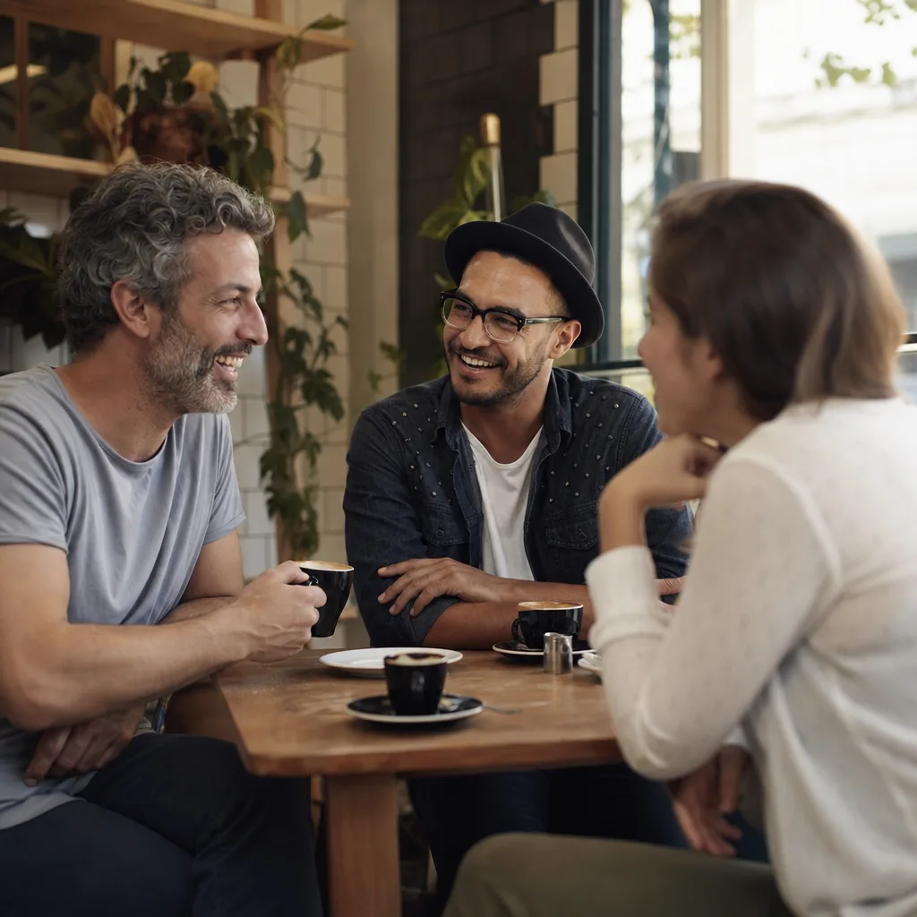People talking at a relaxed public café beside Plymouth Sound
