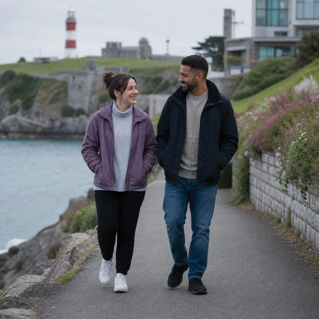 Visitors walking beside Sutton Harbour on Plymouth's Barbican