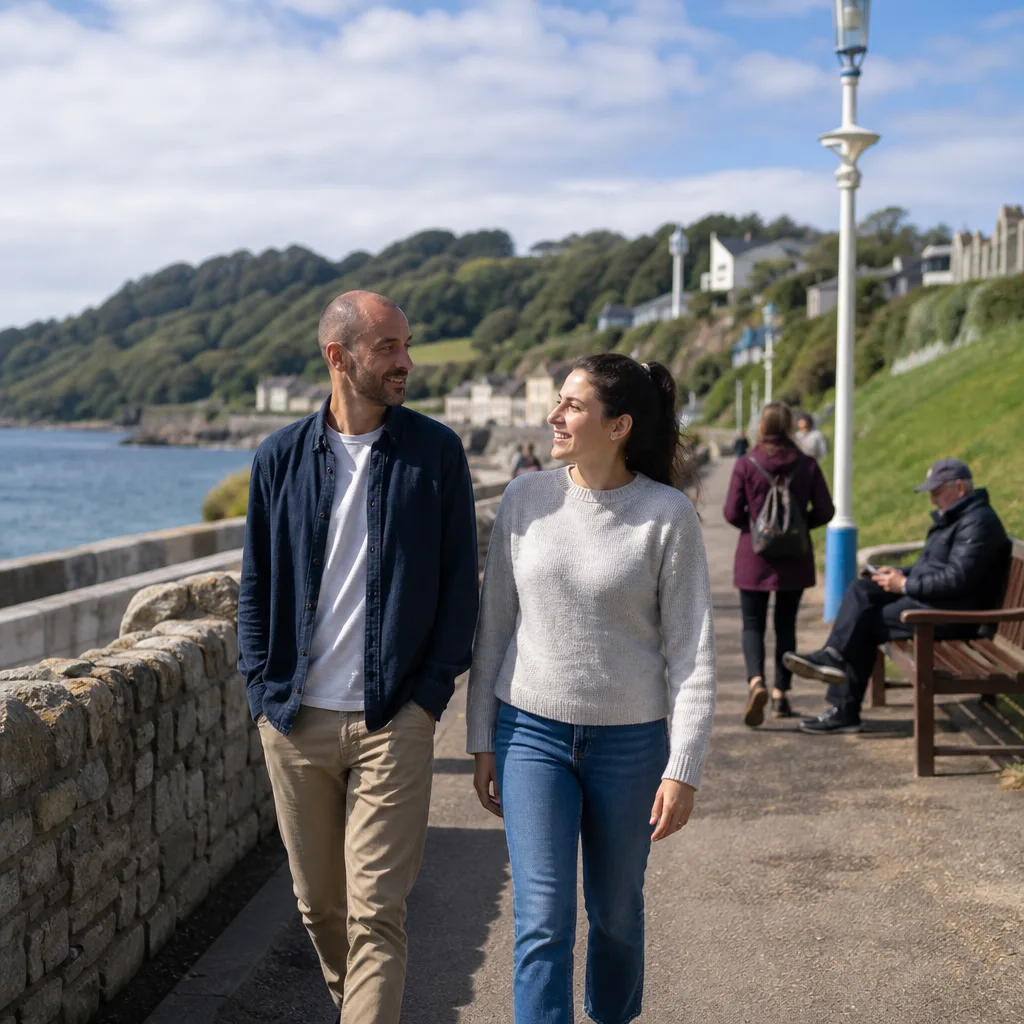 Two adults enjoying a relaxed walk along Plymouth Hoe in daylight